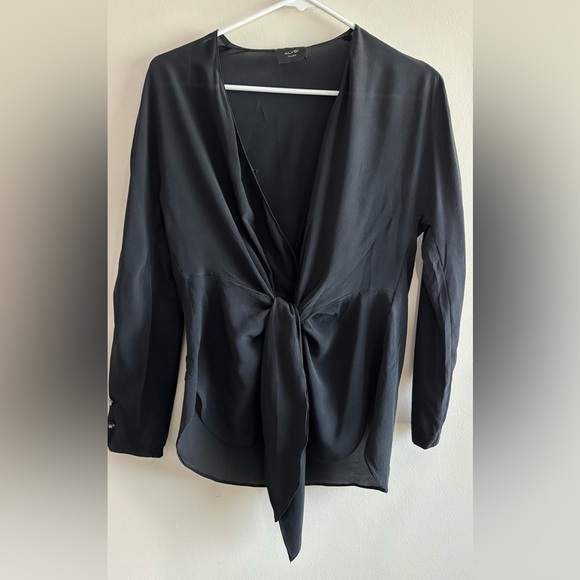 Alysi Chocolate Silk Black Tie-Front Top Blouse size S - Picture 1 of 13